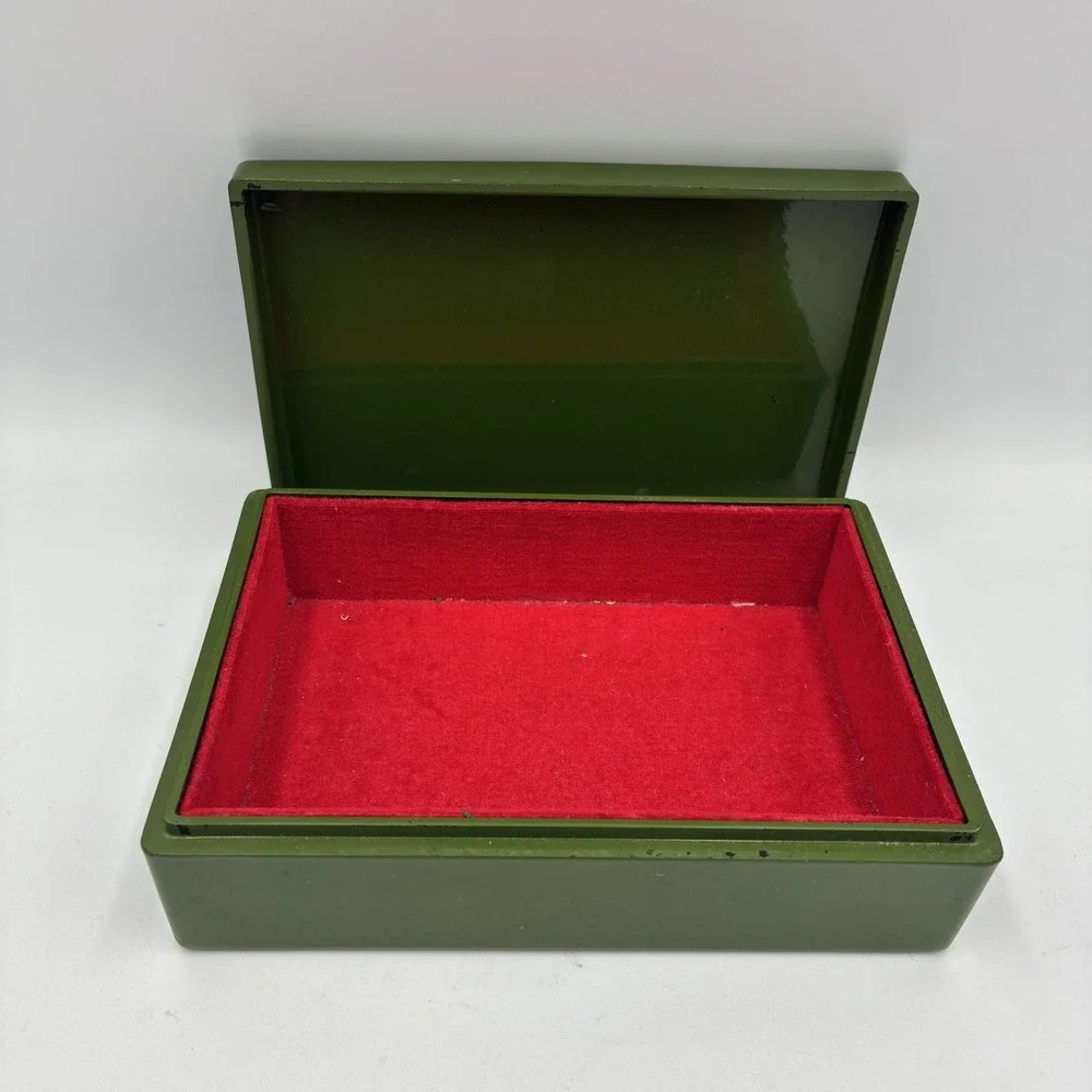Vintage Hand Painted Red Velvet Lined Jewelry Box Keepsake Box Floral